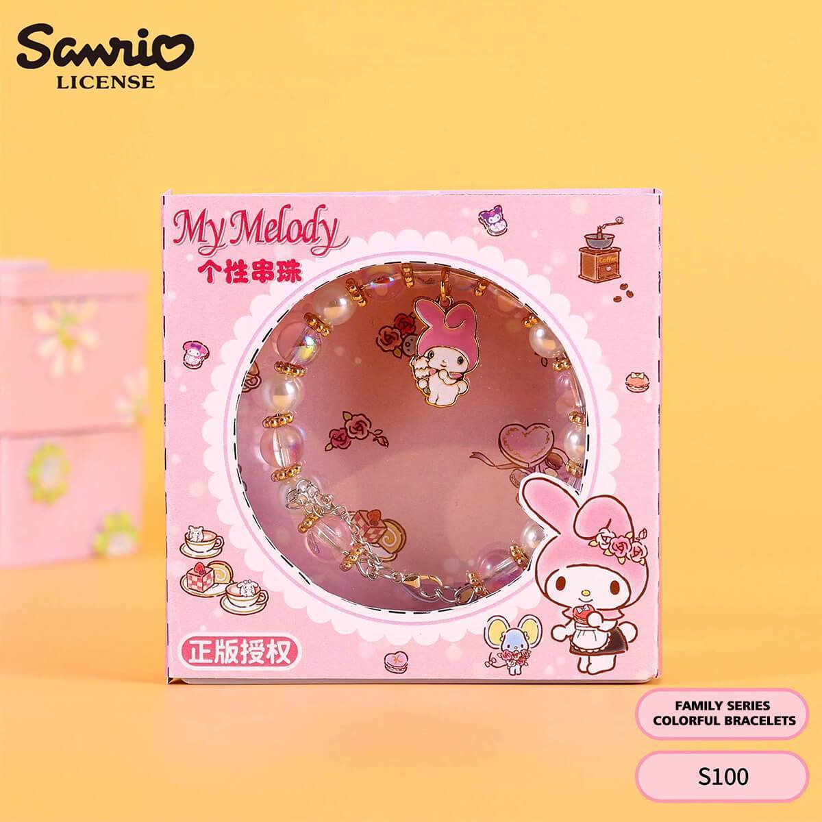 S100 Sanrio My Melody colorful bead bracelet in pink packaging with cute anime charm, perfect for kids' jewelry collection. Available at HugmieToys.